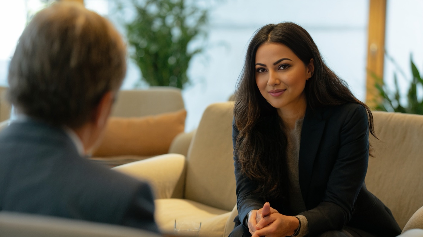 Fay Alizai in a one-on-one conversation during a mediation session